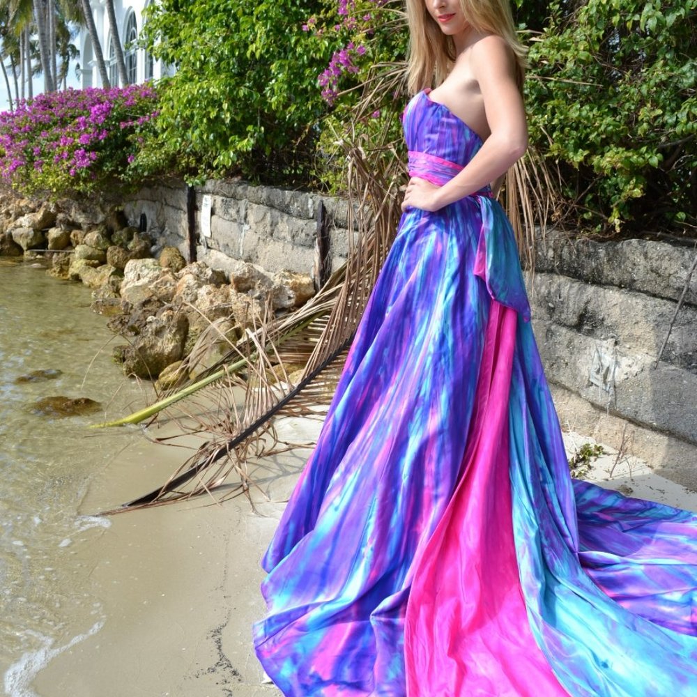 Silk Bohemian Wedding Dress formal gala Gown Pink purple blue couture prom white